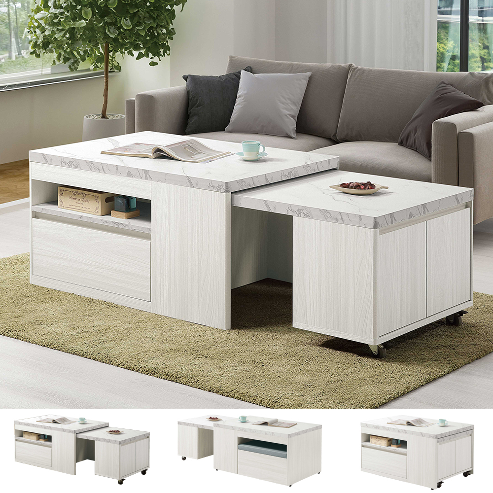 喬洛3尺多功能伸縮仿石面大茶几-附耐磨皮革收納椅凳(寬90~143公分)