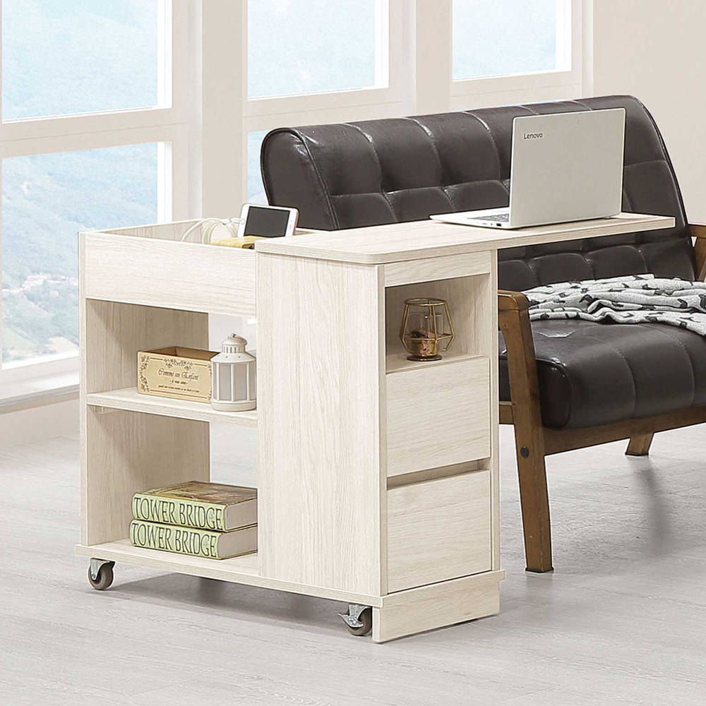 曼朵2.6尺附輪活動式旋轉沙發邊几/邊桌/小茶几/活動收納櫃-桌面360度旋轉+附USB插座