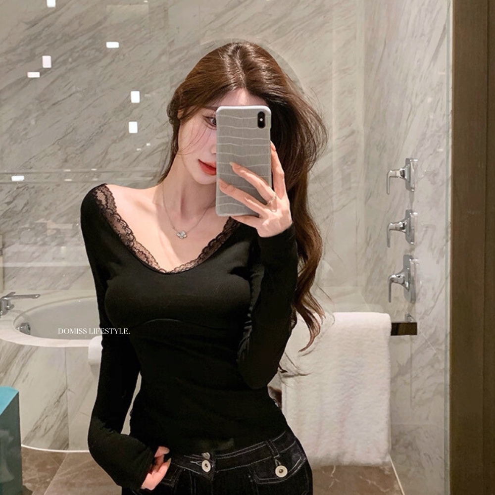 【蕾絲露背】DOMISS性感長袖上衣-3色 帶胸墊設計(現+預)