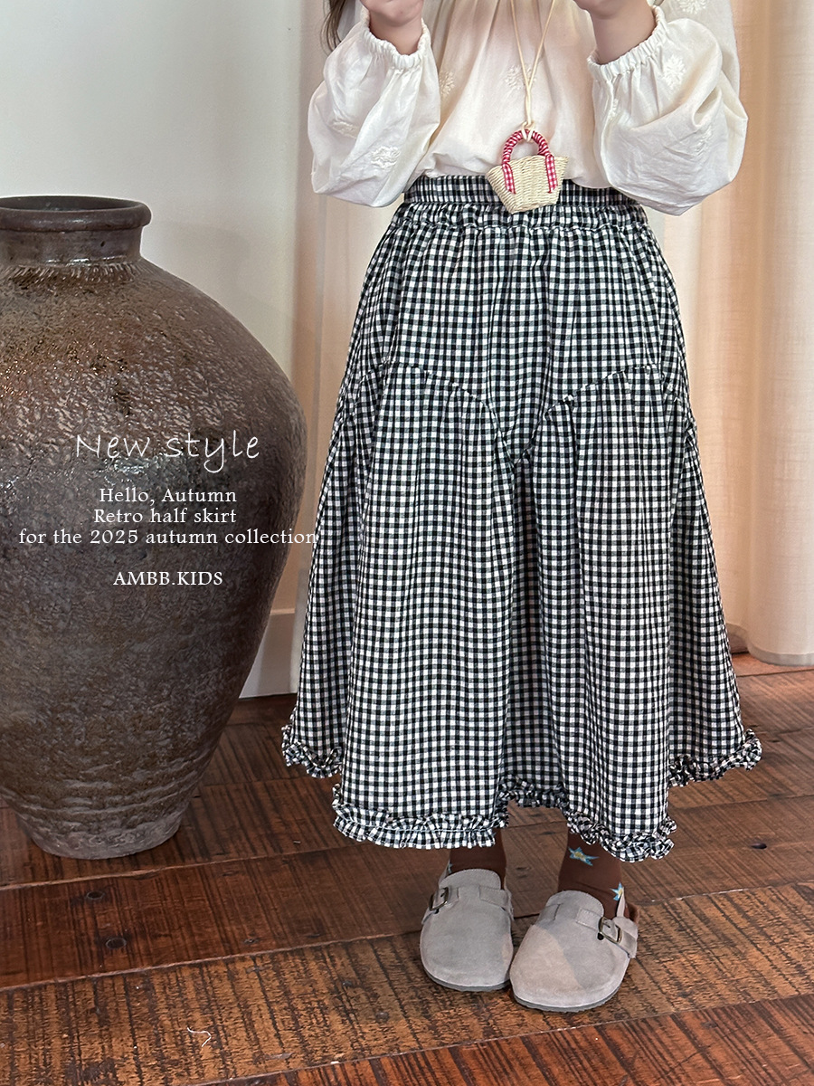 設計感甜美格紋花邊裙(100-170)