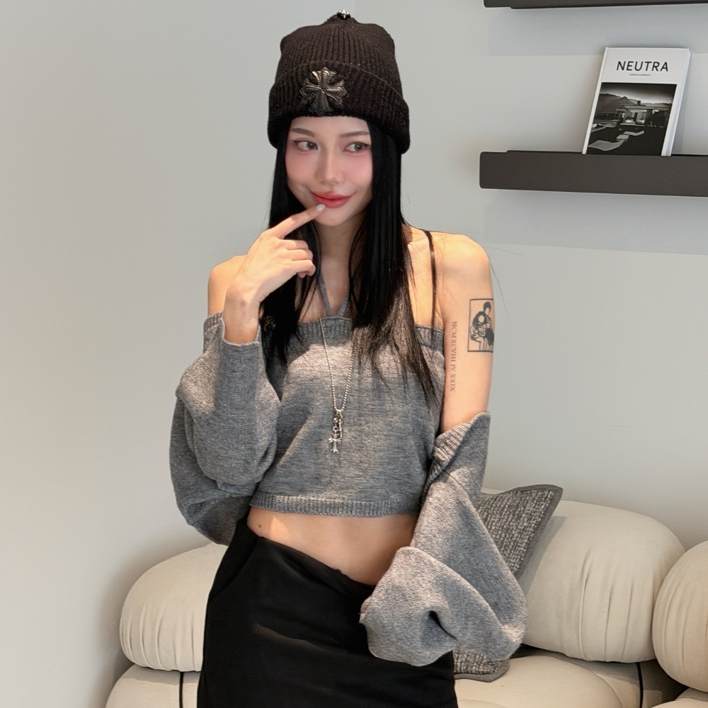 【設計感掛脖兩件套】DOMISS自訂-設計感掛脖  平口背心 毛衣 外套 -2色(現貨)