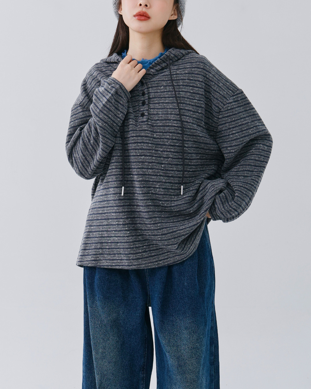 Striped button-down wide-leg hooded top【01099462】in stock+pre-order