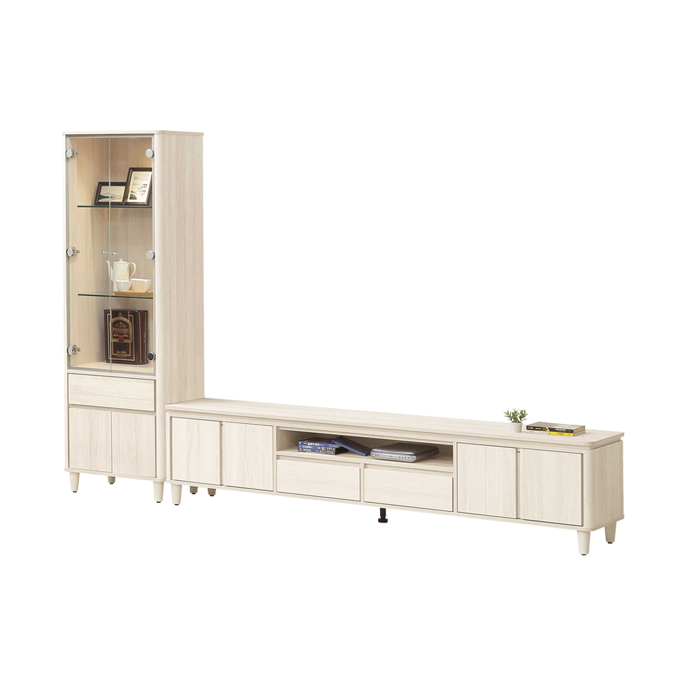 曼朵9尺L型電視櫃組合(2尺玻璃門展示櫃+7尺長櫃)