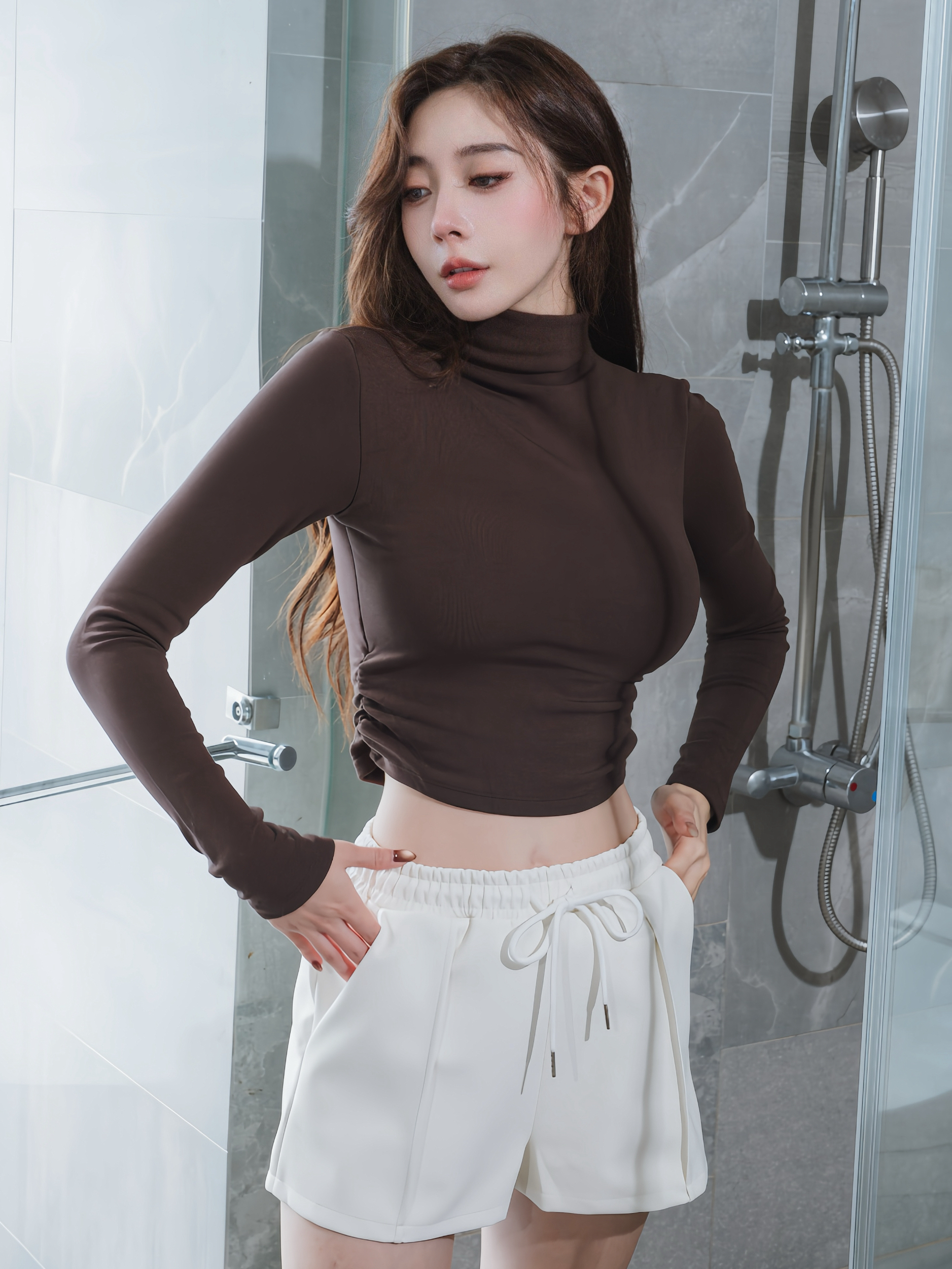 🤍小高領抓皺刷毛發熱衣（咖色均碼）