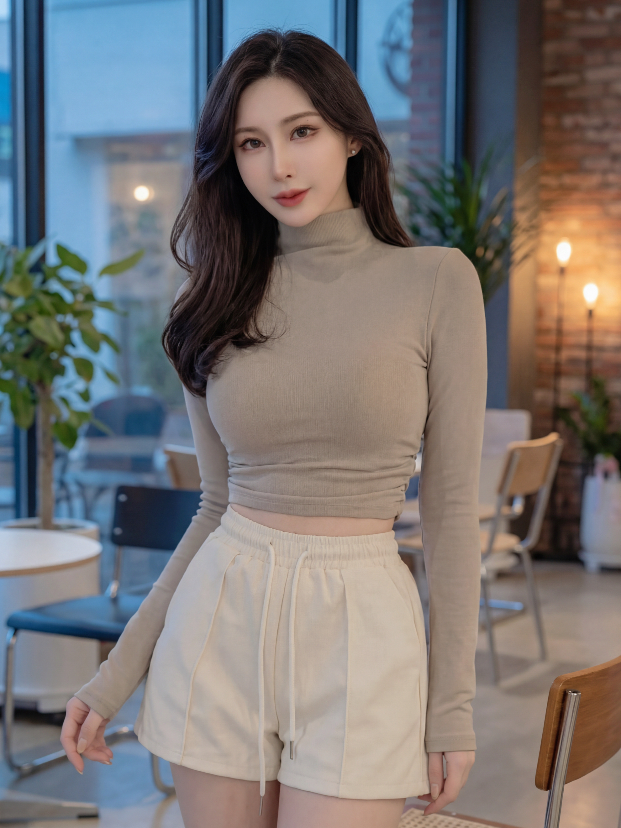 🤍小高領抓皺刷毛發熱衣（杏灰色均碼）