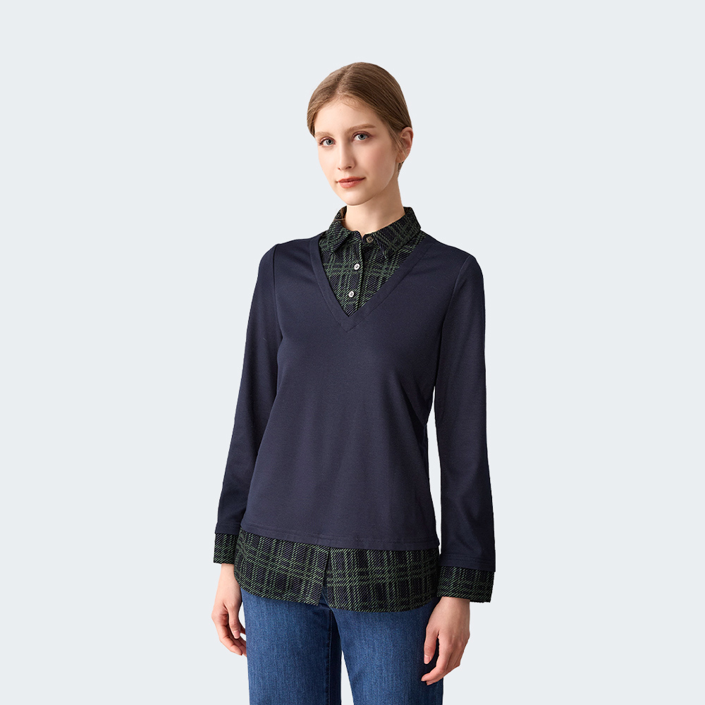 假兩件V領拼接上衣