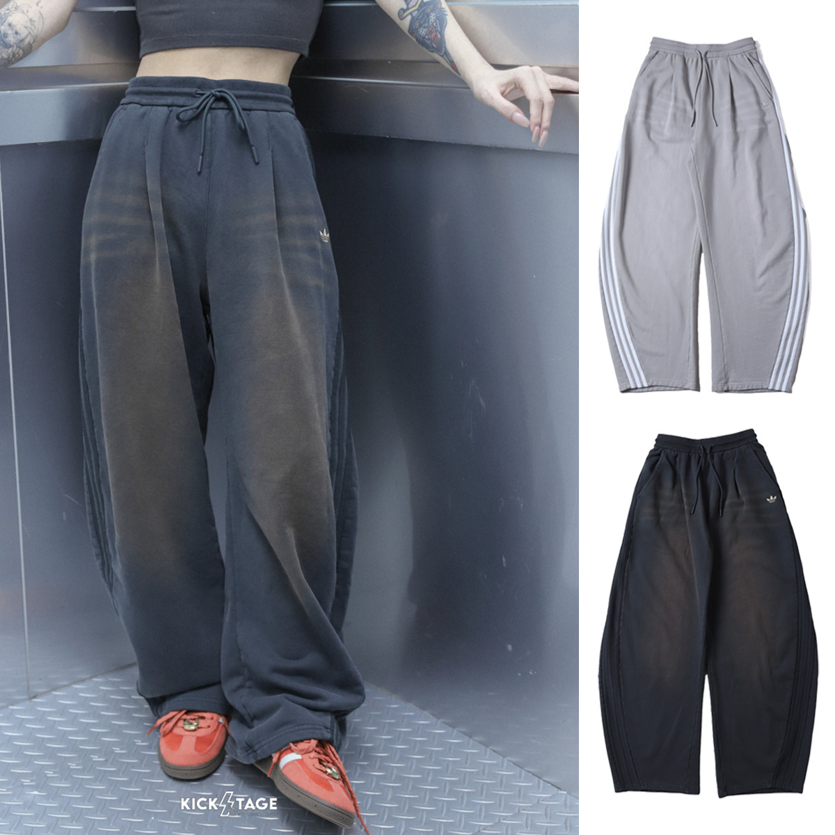 女款 ADIDAS CURVED KNIFE 碳黑色 灰色 水洗 復古 三葉草 純棉 寬鬆 彎刀褲 長褲【IA7518/IA7519】ADLP