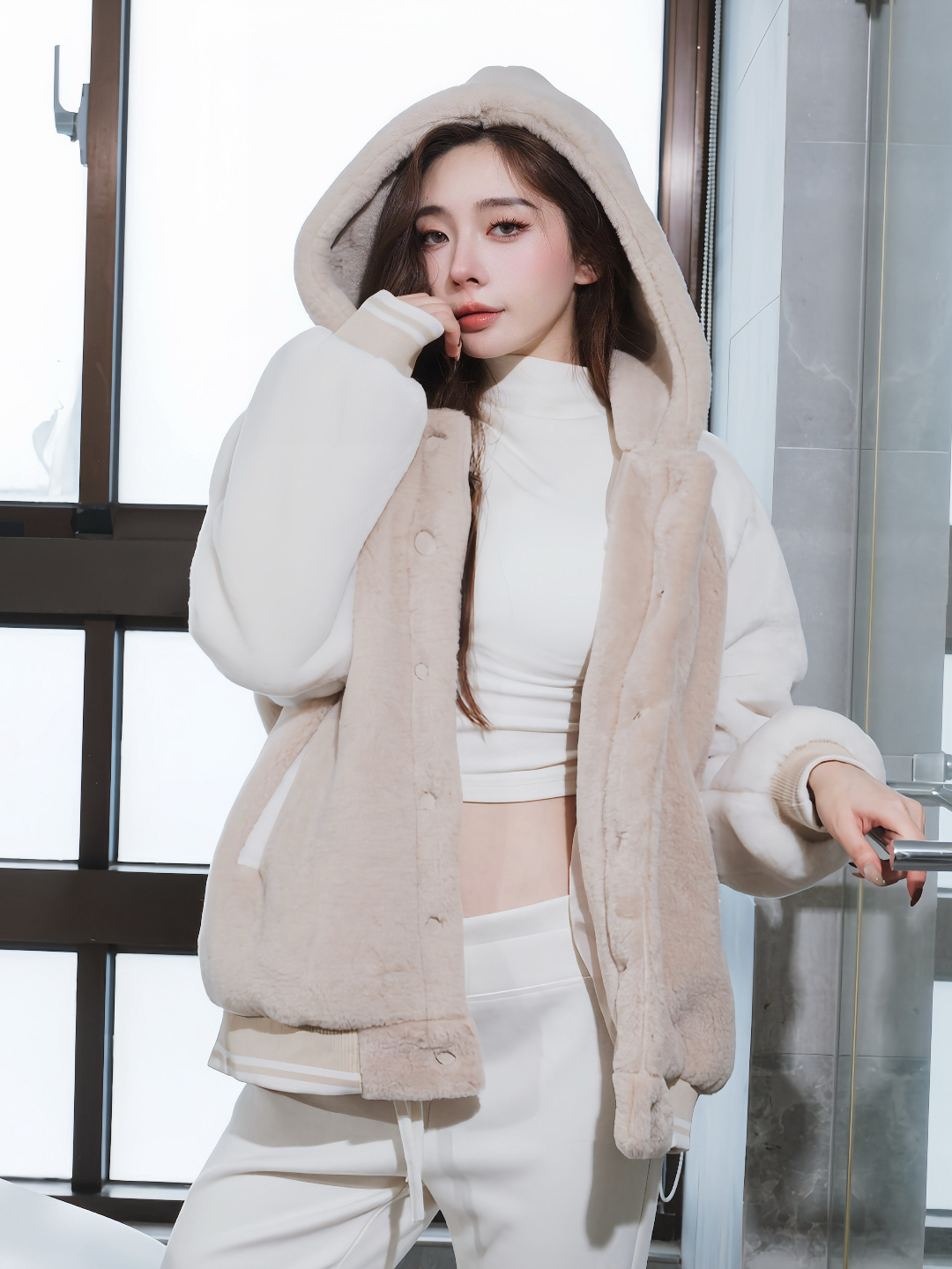 🤍軟Q毛毛棒球連帽外套（杏色均碼）