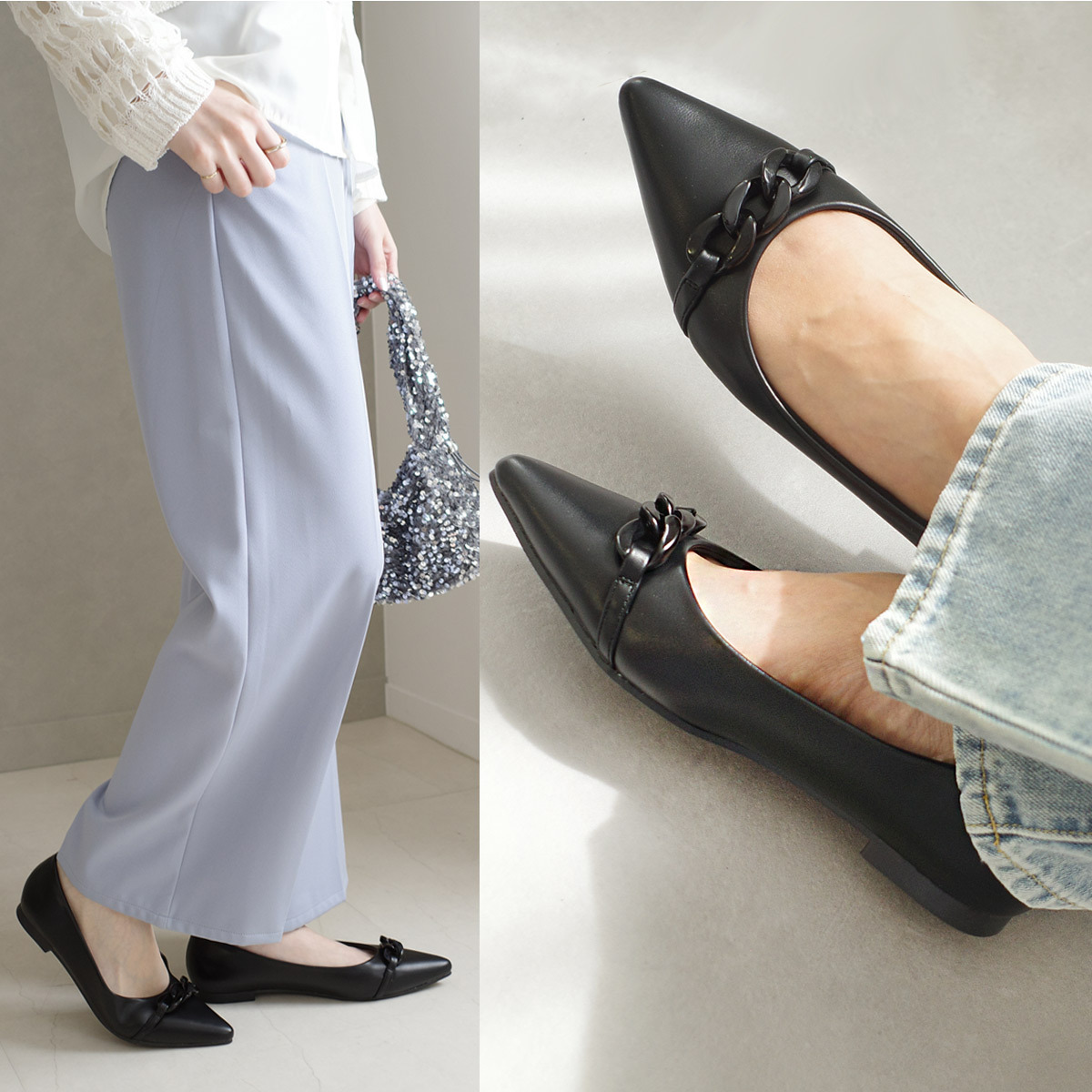 精緻鍊條尖頭平底鞋 健步如飛【CX3047】