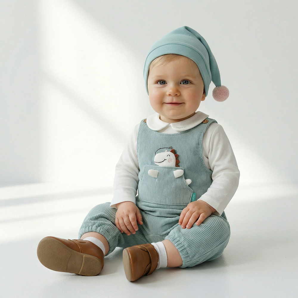 PIPPY 舒適兩件式可愛立體小恐龍吊帶褲3件組禮盒 綠