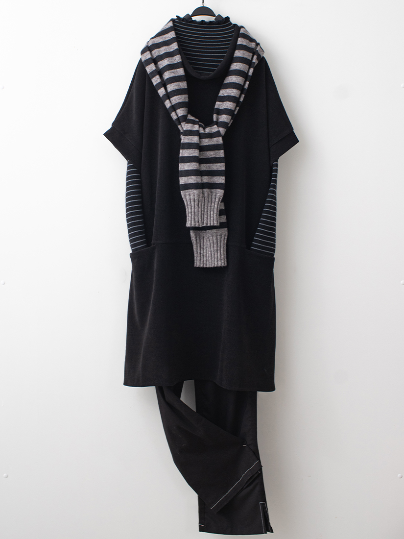 慵懶長版上衣加絨針織上衣拚色設計感休閒褲組合