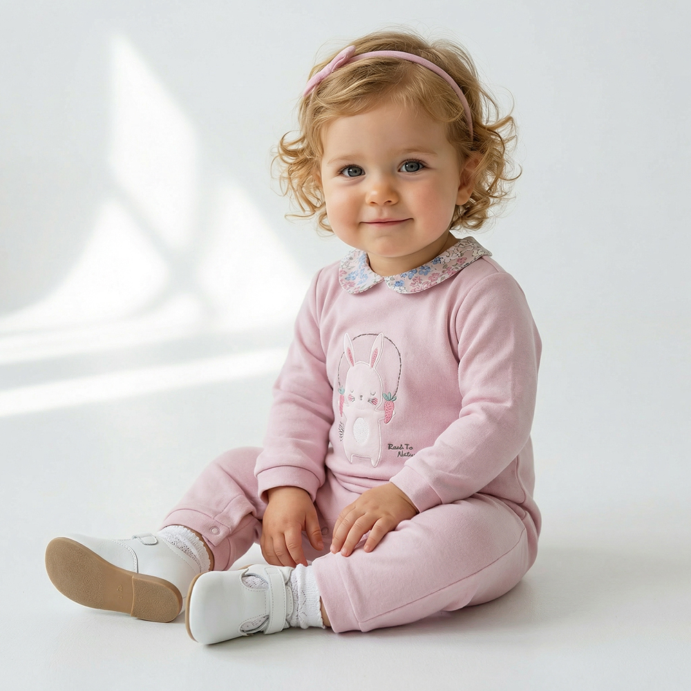 PIPPY 優雅翻領可愛小兔愛紅蘿蔔長袖包屁衣 粉