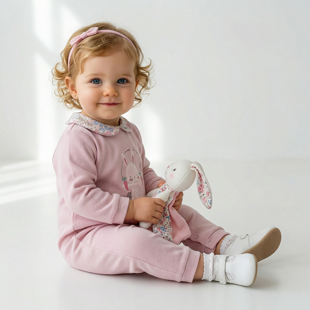 PIPPY 優雅翻領可愛小兔愛紅蘿蔔長袖包屁衣 粉