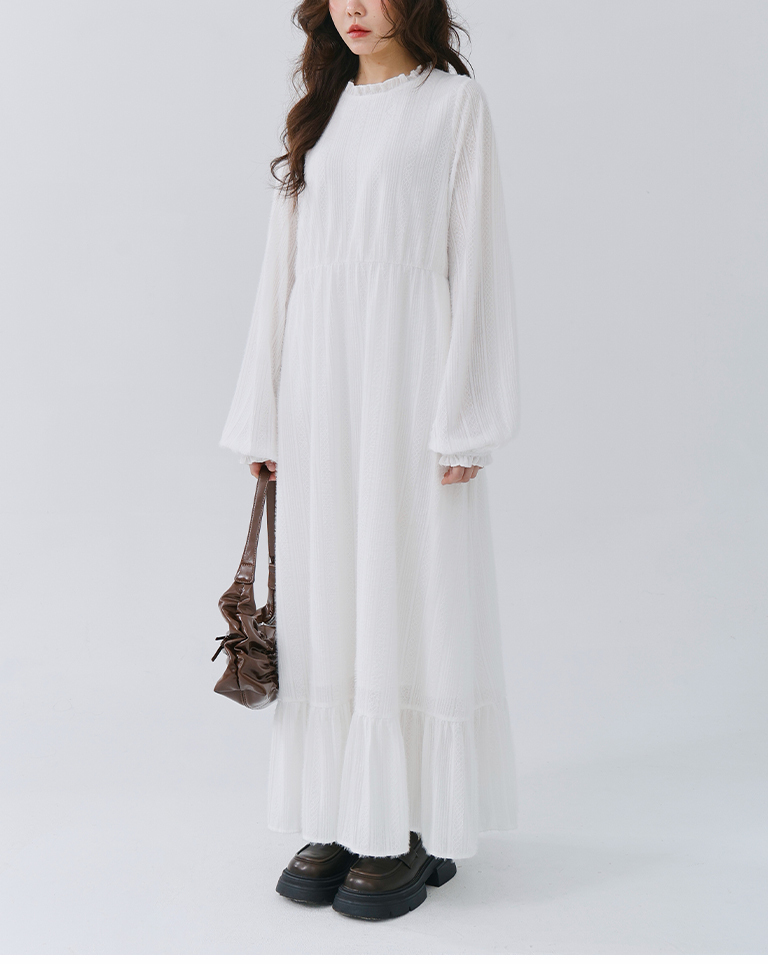 Long dress with stand-up collar, ruffles, feathers, and jacquard design【01087233】in stock+pre-order