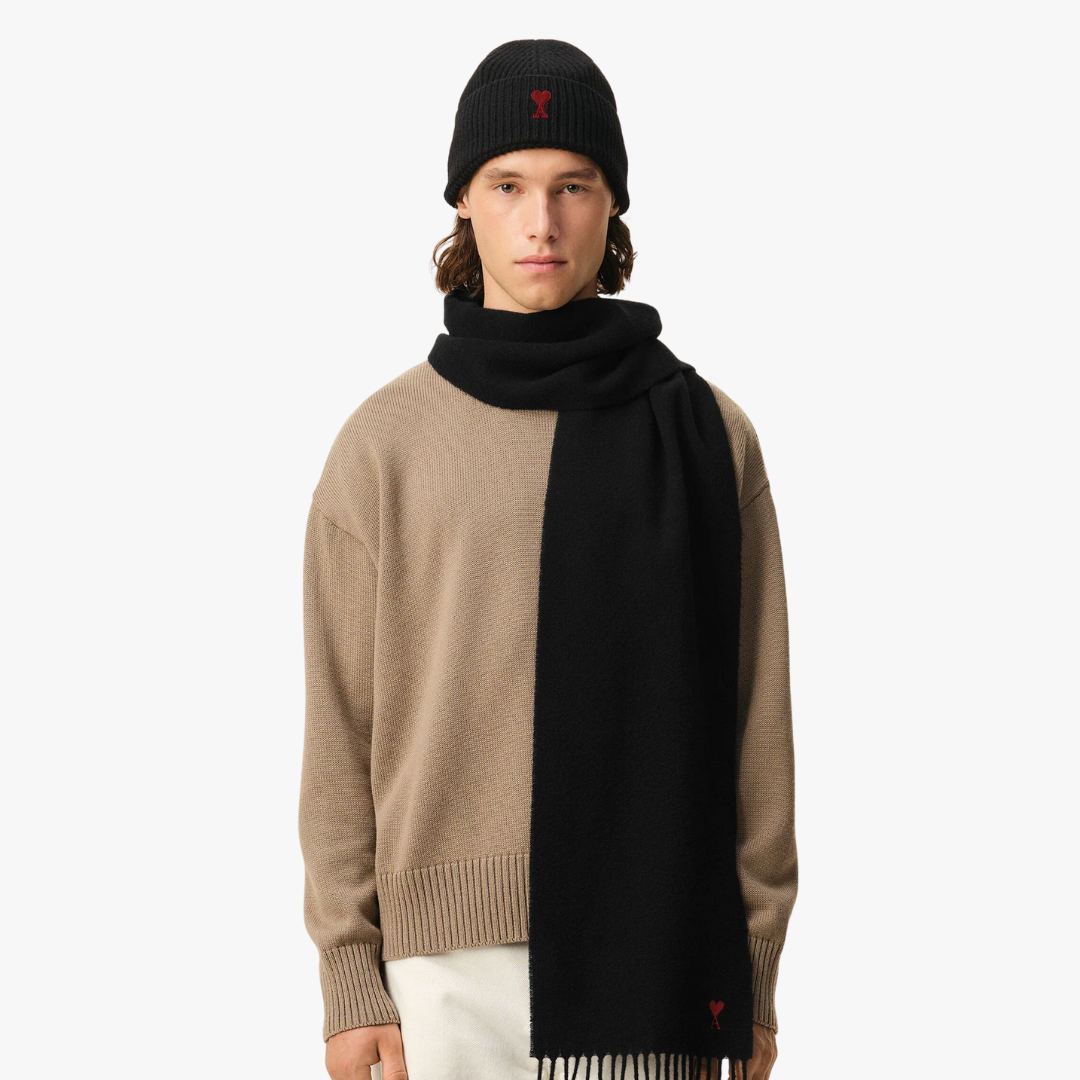 1FF0101-197 [AMI PARIS] Wool Red Ami De Coeur Scarf Black (SS26) #BFUSF405.334.001 (F-EU-E)