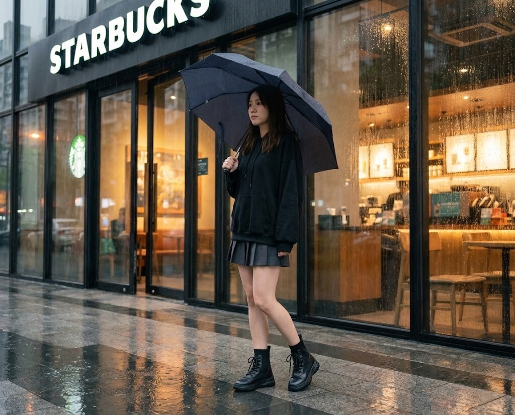 穿著Sanly Joy厚底真皮短靴 黑色，天氣是雨天，女生著傘展示短靴有防潑水 下雨也不用怕