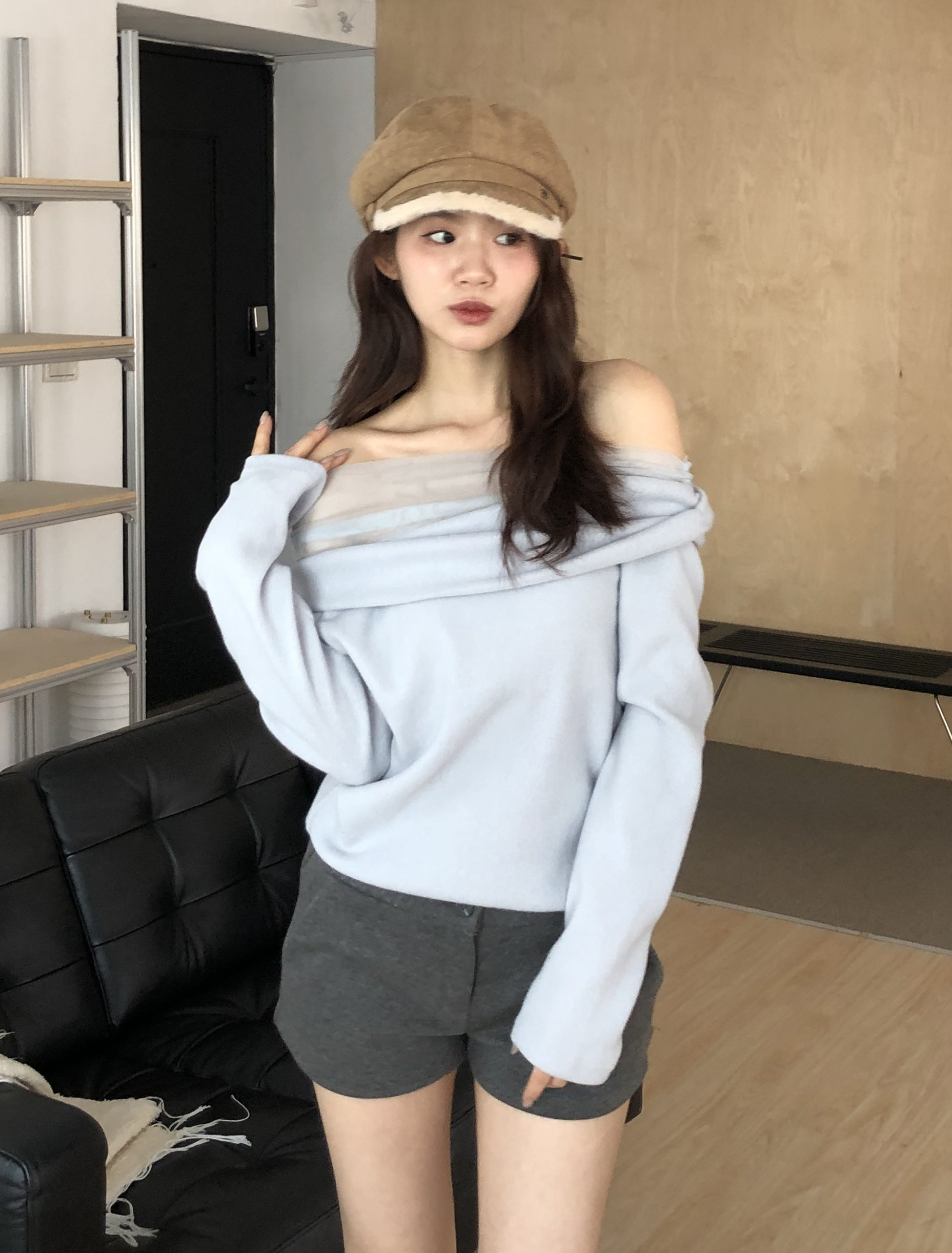 December Mesh Off-Shoulder Knit #上衣