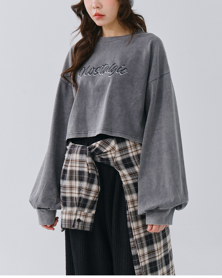 Washed vintage-style short sweatshirt with English lettering【01099355】in stock+pre-order
