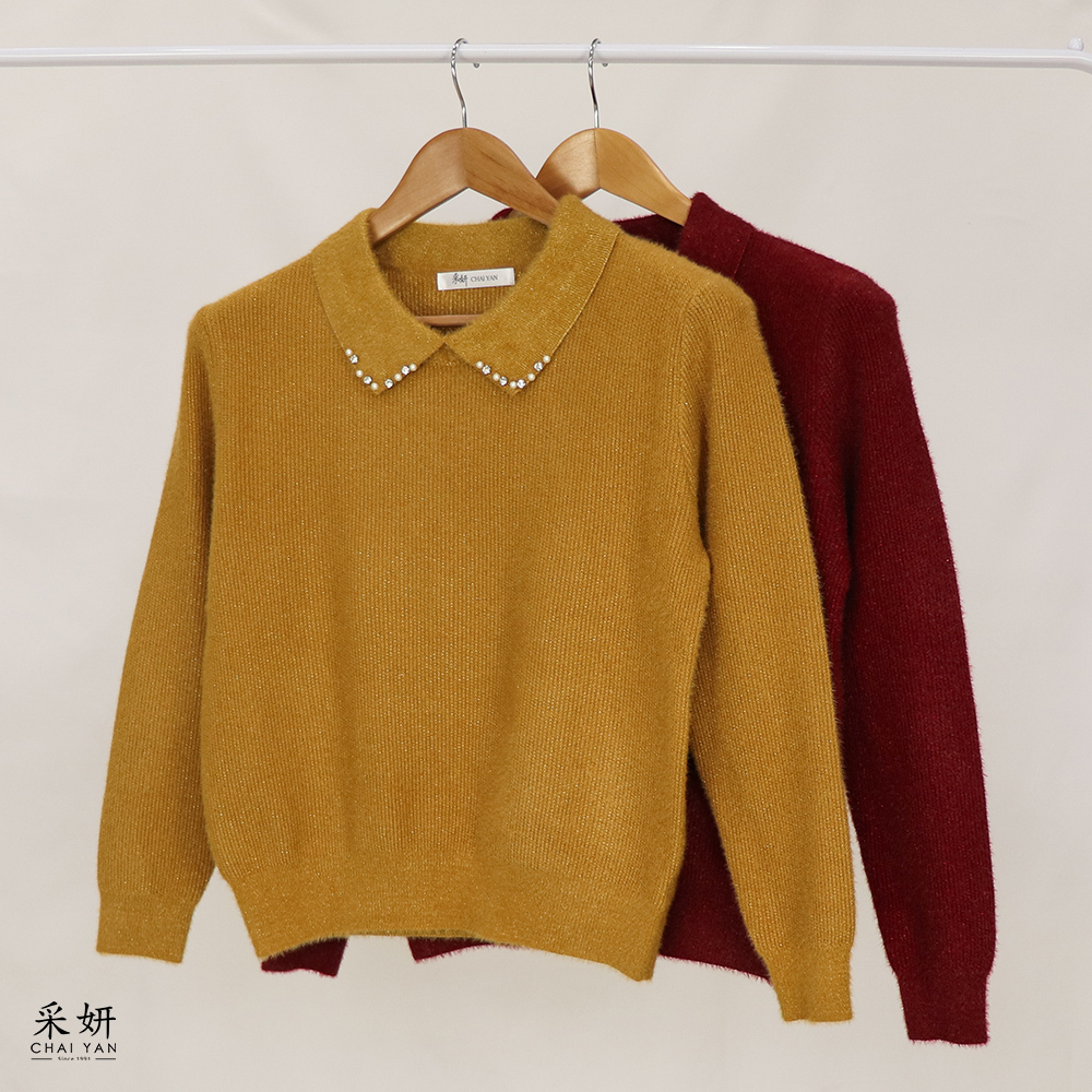 亮蔥水鑽珍珠翻領長袖上衣