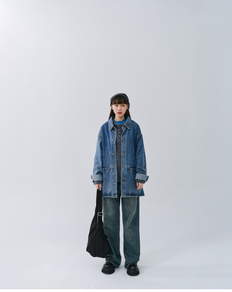 Striped button-down wide-leg hooded top【01099462】in stock+pre-order