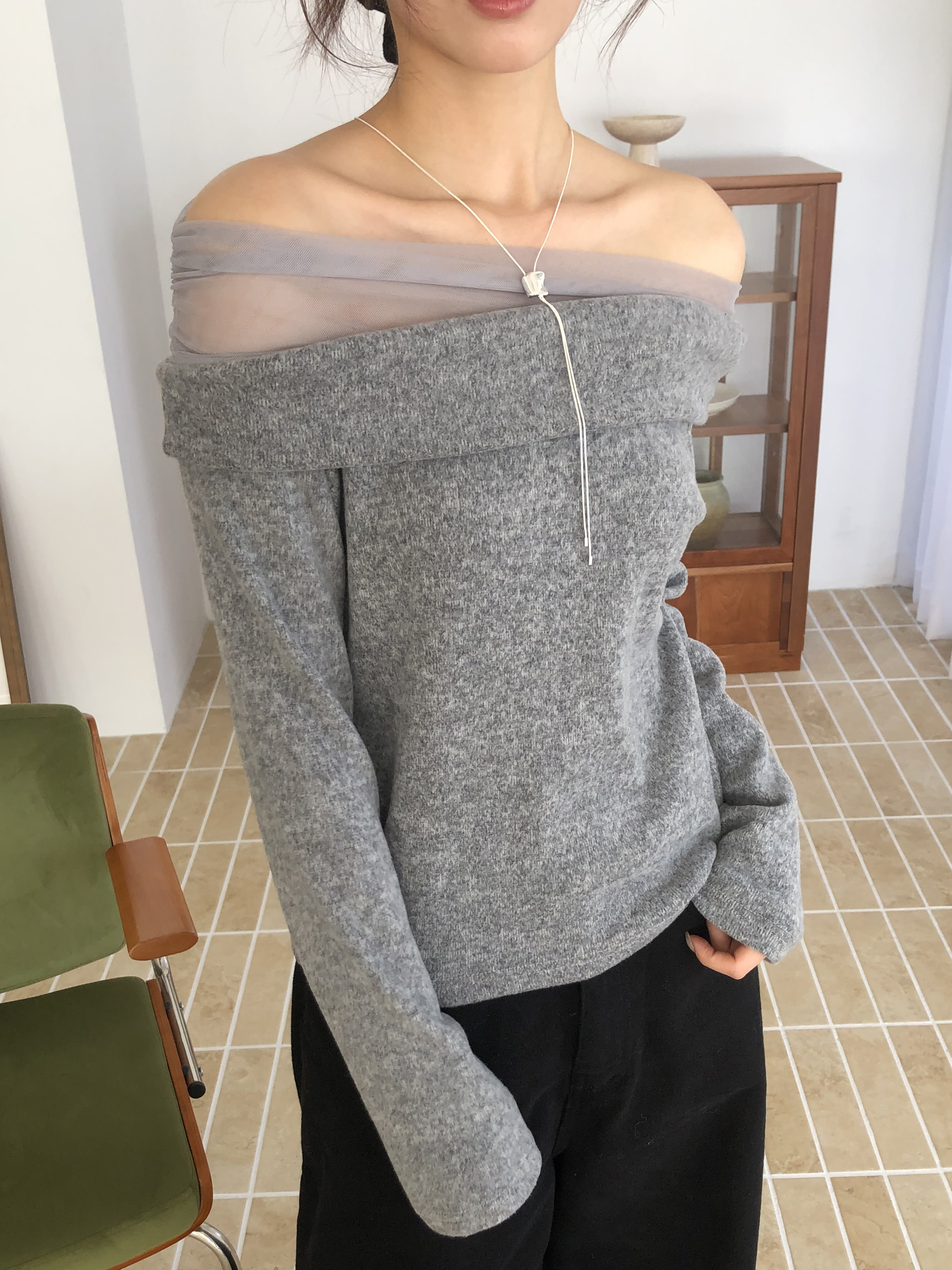 December Mesh Off-Shoulder Knit #上衣