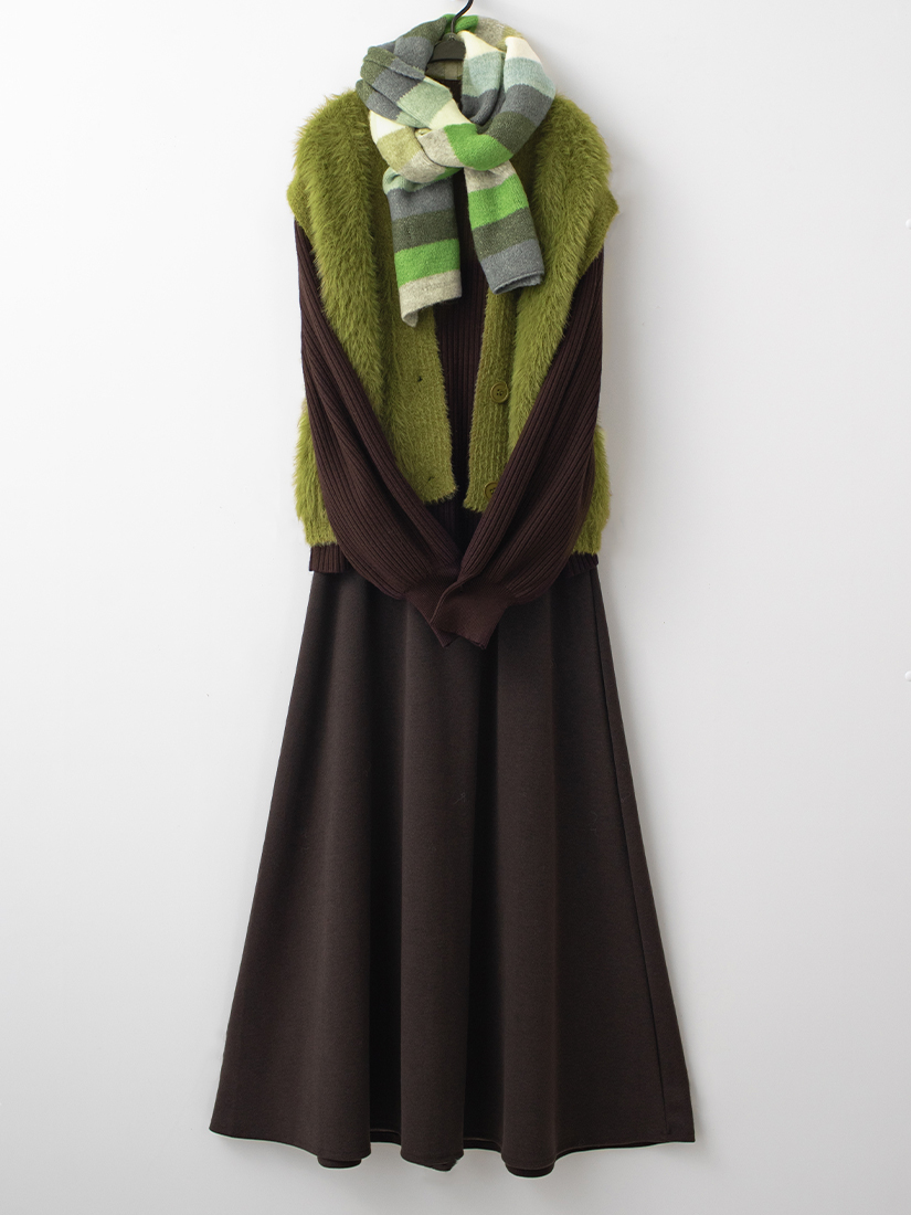 絨毛針織背心泡泡袖針織毛衣A字長裙組合