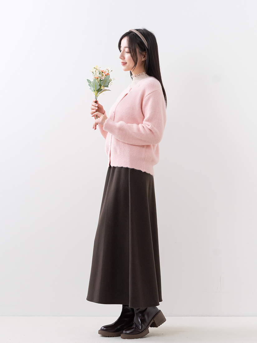 木耳邊立領上衣珍珠小花針織外套A字長裙