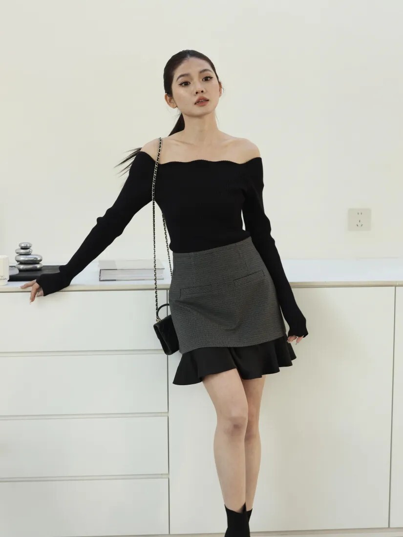 格紋拼接配色魚尾造型短裙-S-M / 2色 (Elegant & Love)