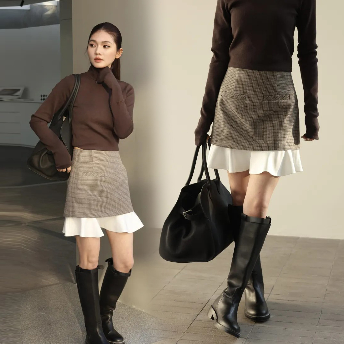 格紋拼接配色魚尾造型短裙-S-M / 2色 (Elegant & Love)