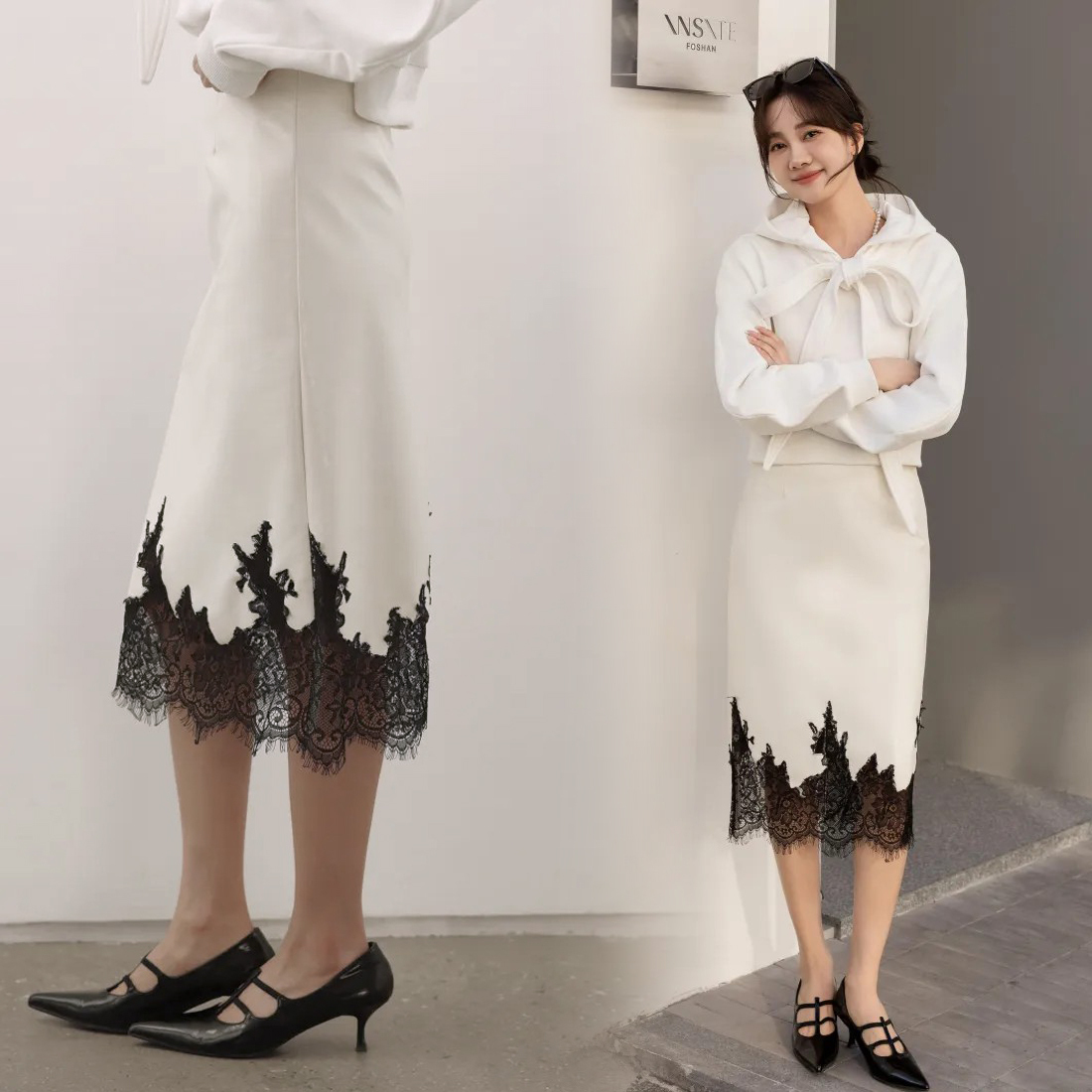 下擺拼接睫毛蕾絲PU皮革長裙-S-M / 2色 (Elegant & Love)