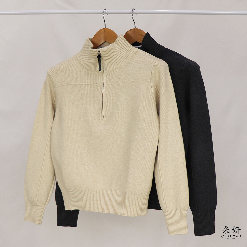半拉鍊開襟厚針織長袖上衣