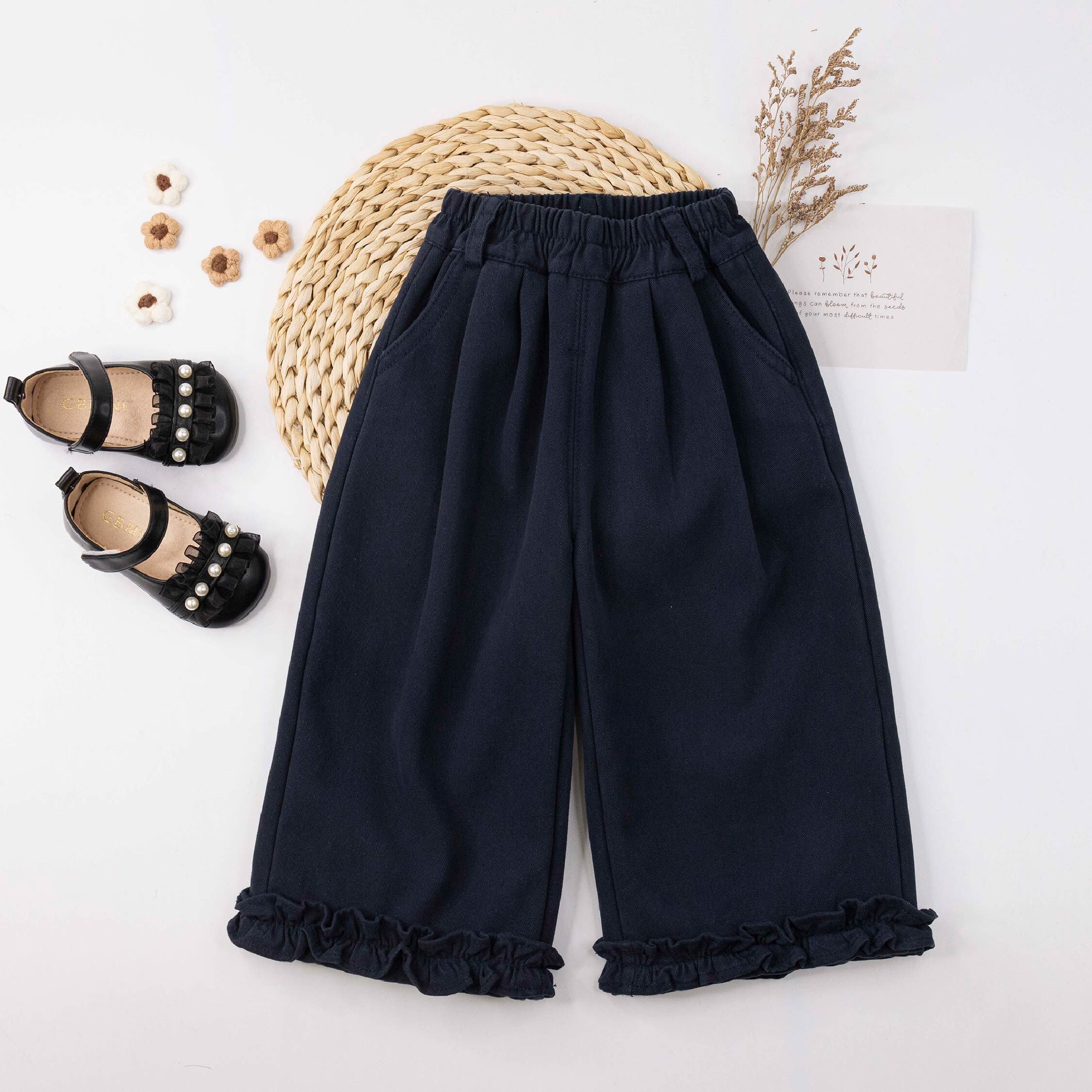 【H55907】氣質花邊拼接內刷毛長褲