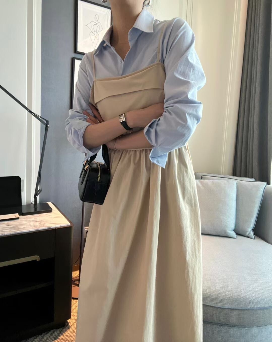 反摺造型可調節細肩帶傘擺背心裙長洋裝 / 2色