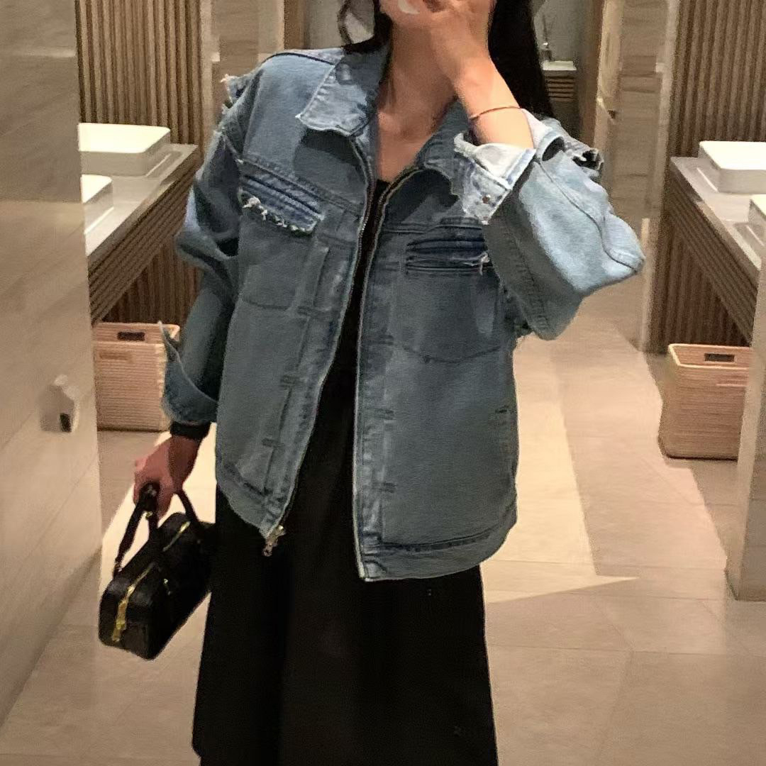 抽鬚滾邊拉鍊雙口袋翻領牛仔外套