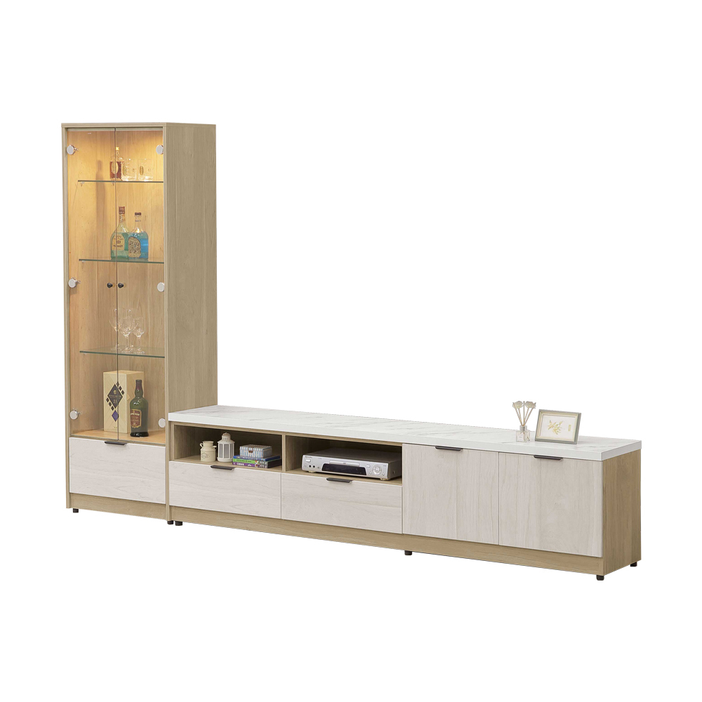 艾東9尺L型電視櫃組合(2尺玻璃門展示櫃+7尺長櫃)