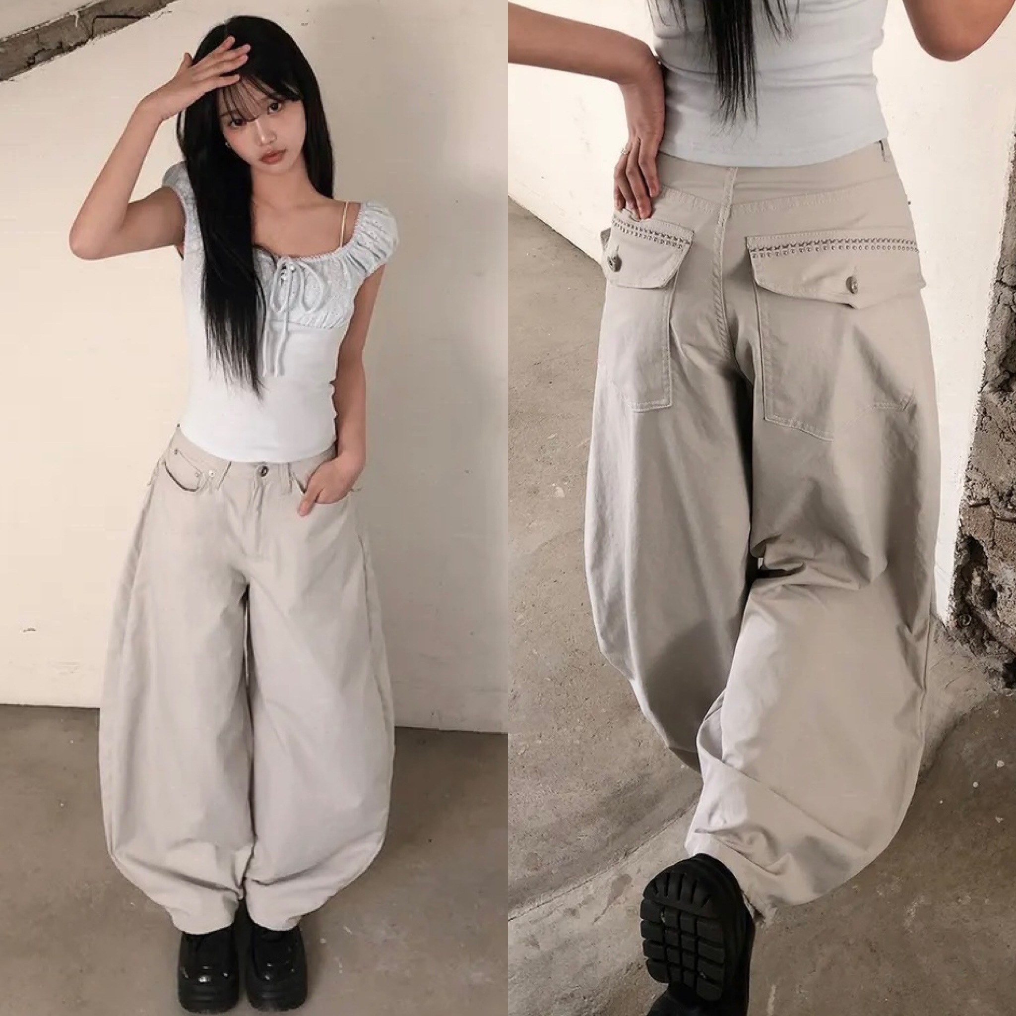 【1/2截單！首批優惠價預訂】人氣彎刀褲！KR HIGHT-WAIST STUD POCKET CURVED WIDE PANTS（3色）