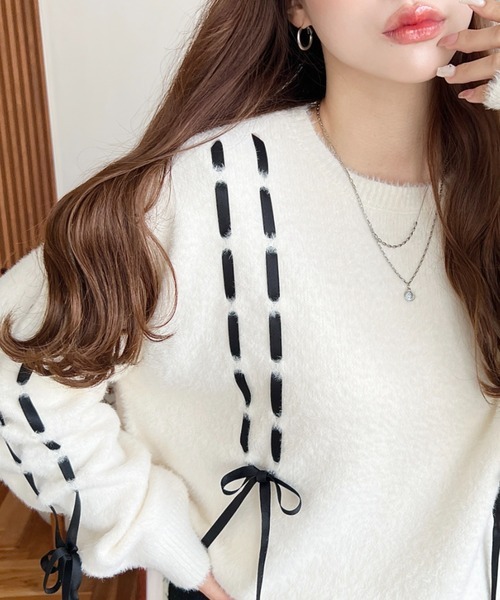 日本🇯🇵連線 Moment+ 編織緞帶羽毛針織毛衣 緞帶 蝴蝶結 針織 針織衫 套頭衫 長袖 3色(任買兩件7-11免運)/預購