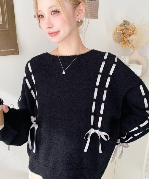 日本🇯🇵連線 Moment+ 編織緞帶羽毛針織毛衣 緞帶 蝴蝶結 針織 針織衫 套頭衫 長袖 3色(任買兩件7-11免運)/預購