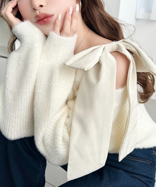 日本🇯🇵連線 Moment+ 單肩鏤空大蝴蝶結緞帶針織衫 蝴蝶結 緞帶 鏤空 針織 針織衫 套頭衫 長袖 3色(任買兩件7-11免運)/預購