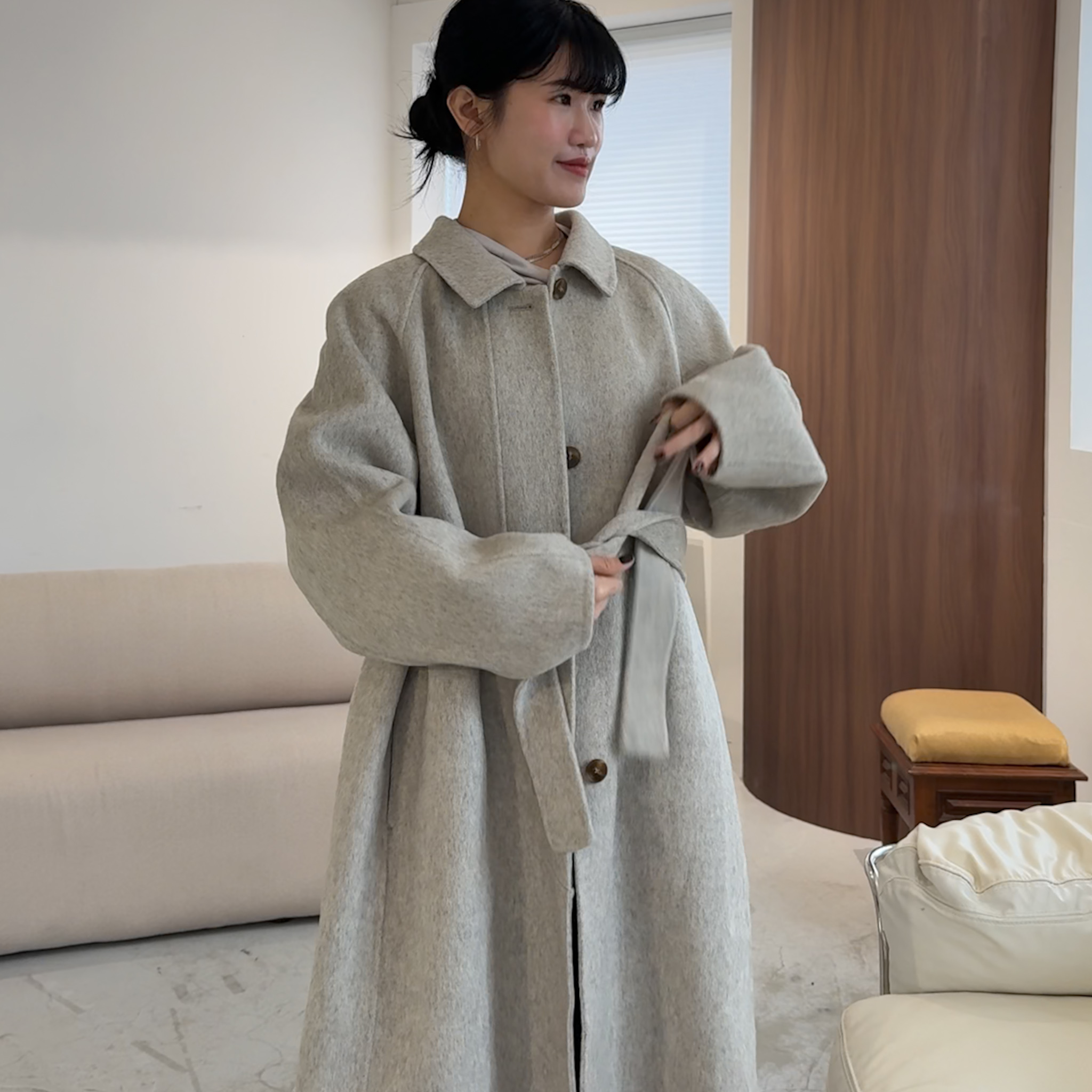 J04 小姐姐氣質綁帶單釦長版手工羊毛外