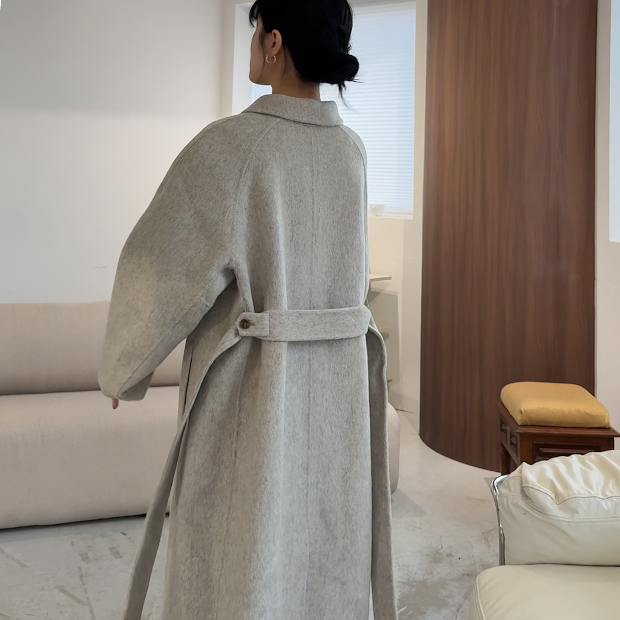 J04 小姐姐氣質綁帶單釦長版手工羊毛外