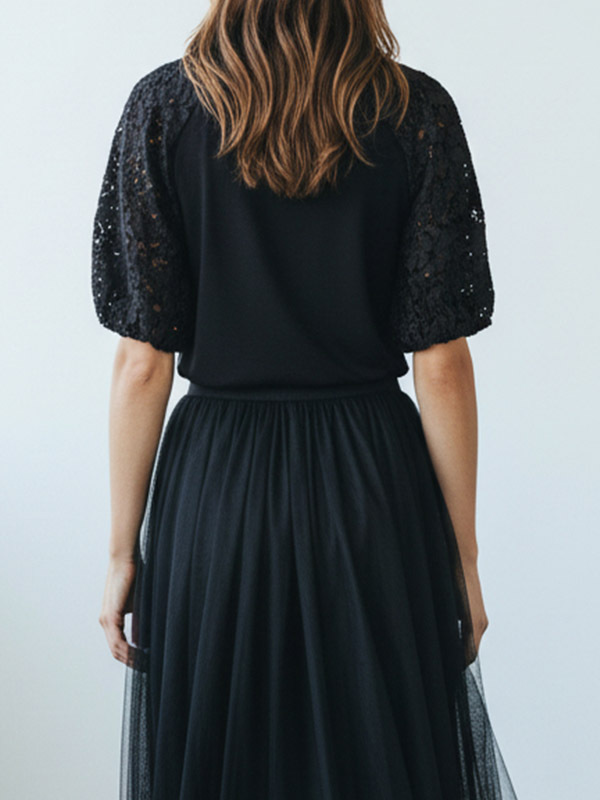 ERMANNO 蕾絲蓬袖圓領棉上衣