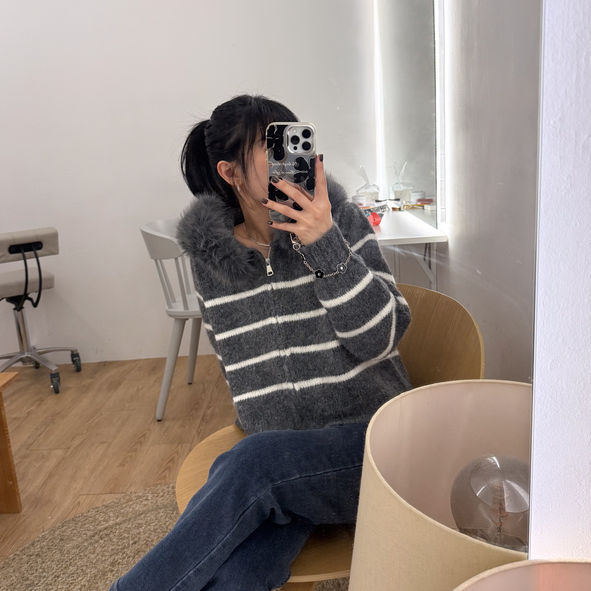 J07 貴氣毛領可拆條紋連帽針織外(灰)