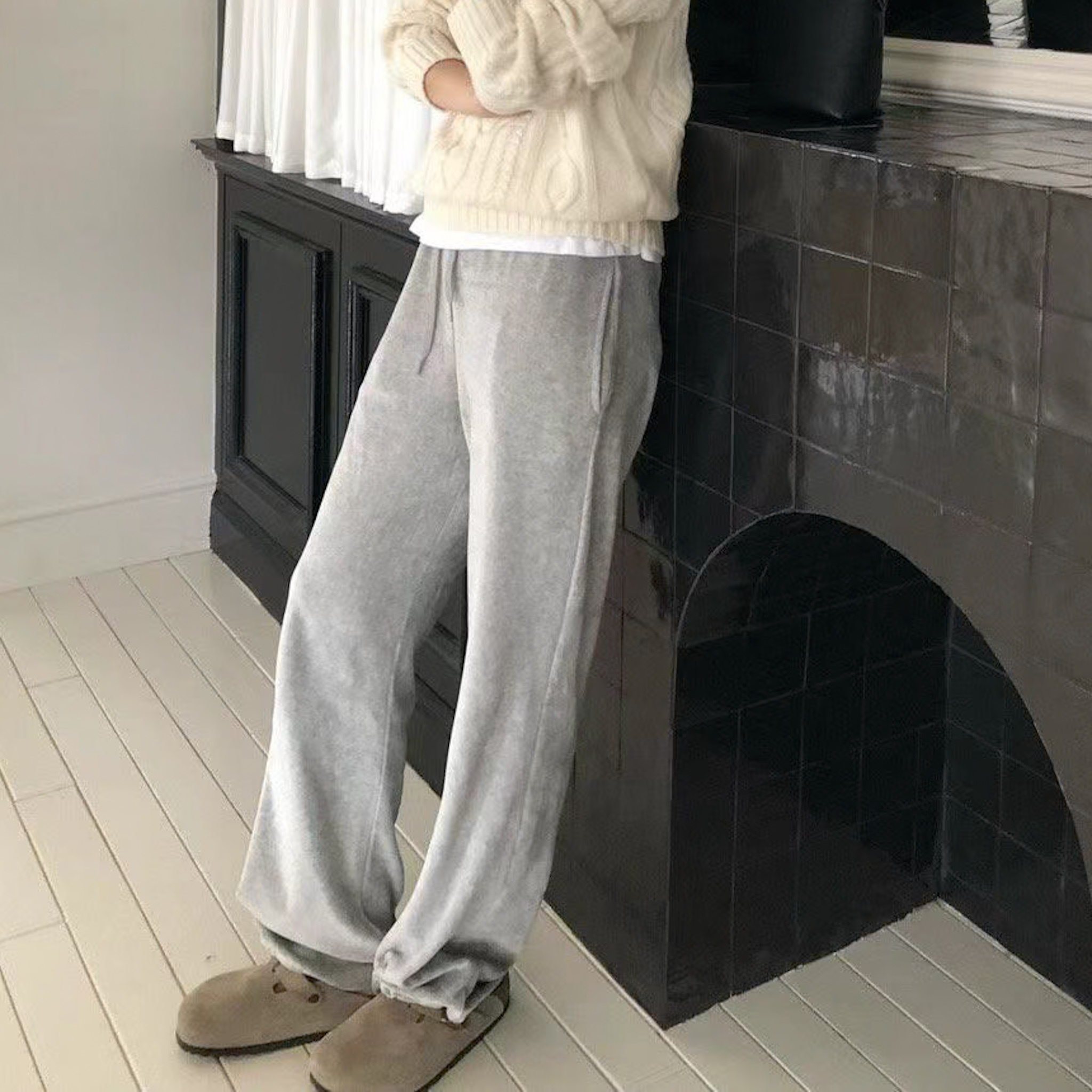 J08 褲管可縮舒服軟絨休閒褲(灰)