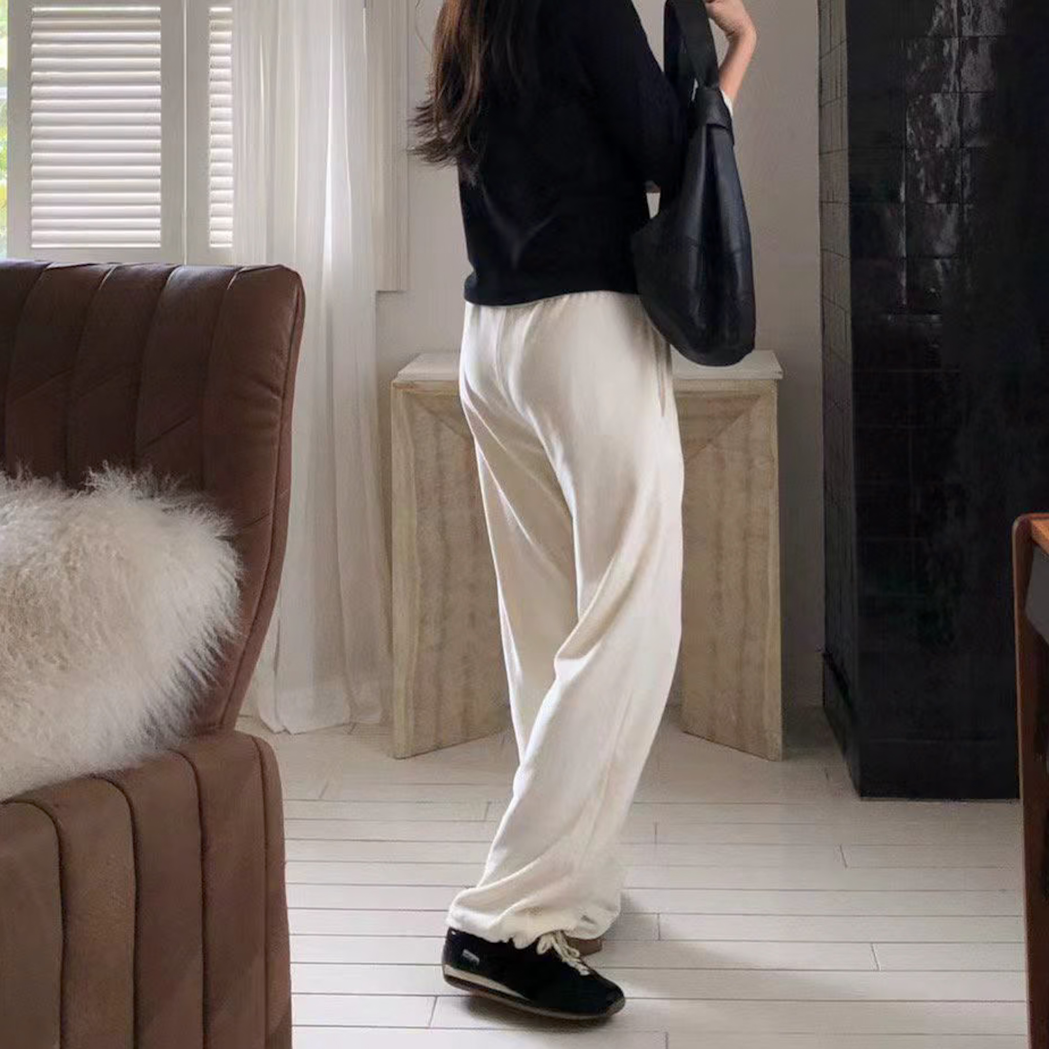 J08 褲管可縮舒服軟絨休閒褲(白)