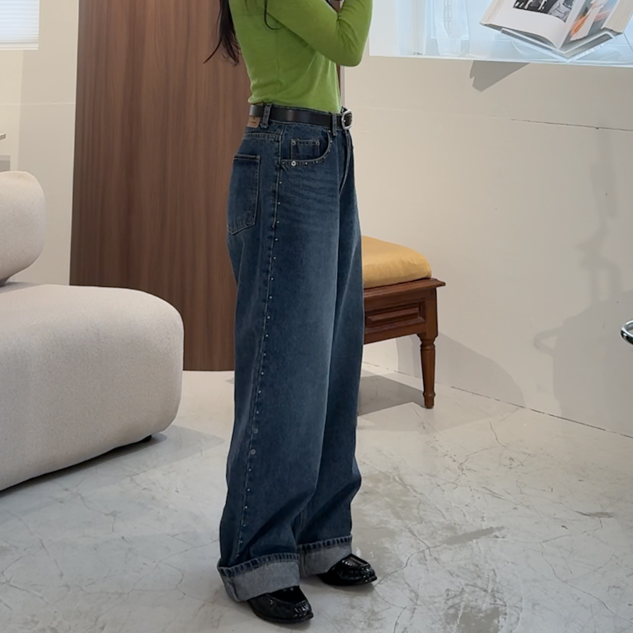 J09 側卯釘設計刷色牛仔褲(版偏大/S)