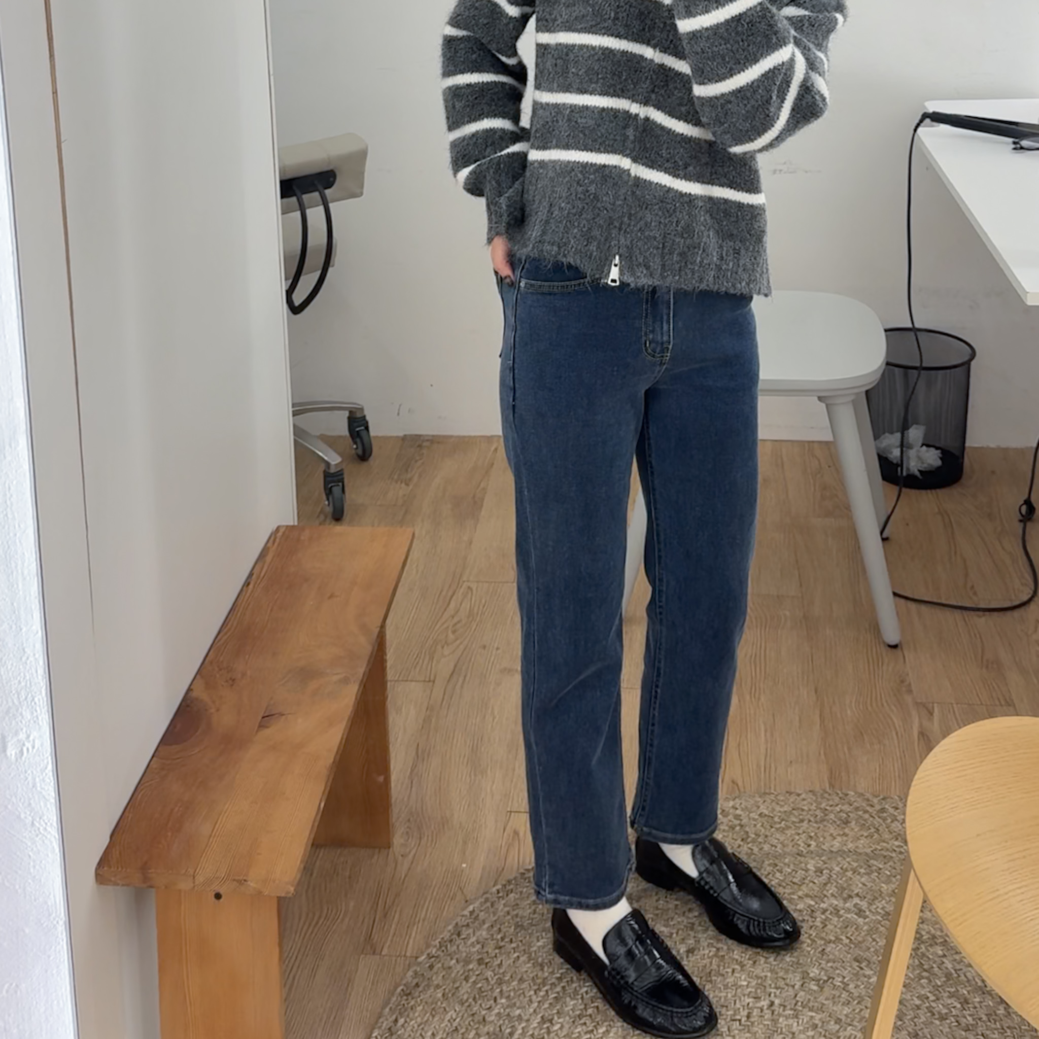 J12 內磨毛中青藍窄管牛仔褲(XS)