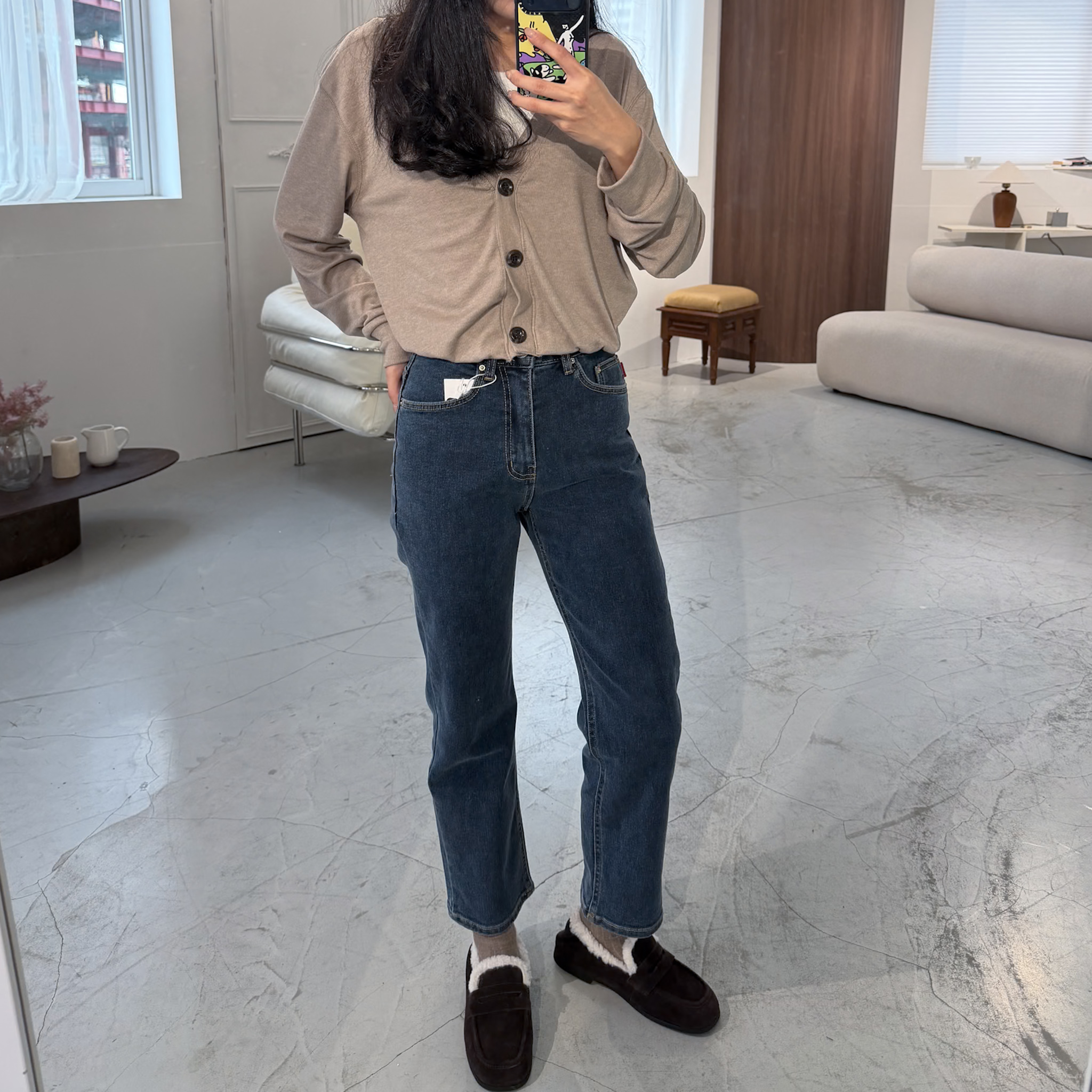 J12 內磨毛中青藍窄管牛仔褲(XS)