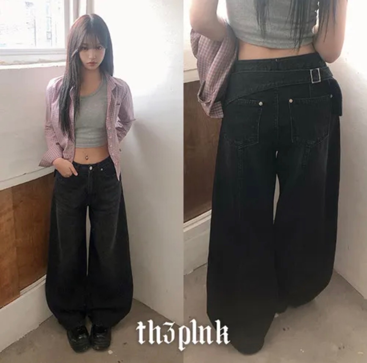 【1/2截單！首批優惠價預訂】人氣彎刀褲！KR HIGHT-WAIST BACK STRAP BUCKLE WIDE PANTS（2色）