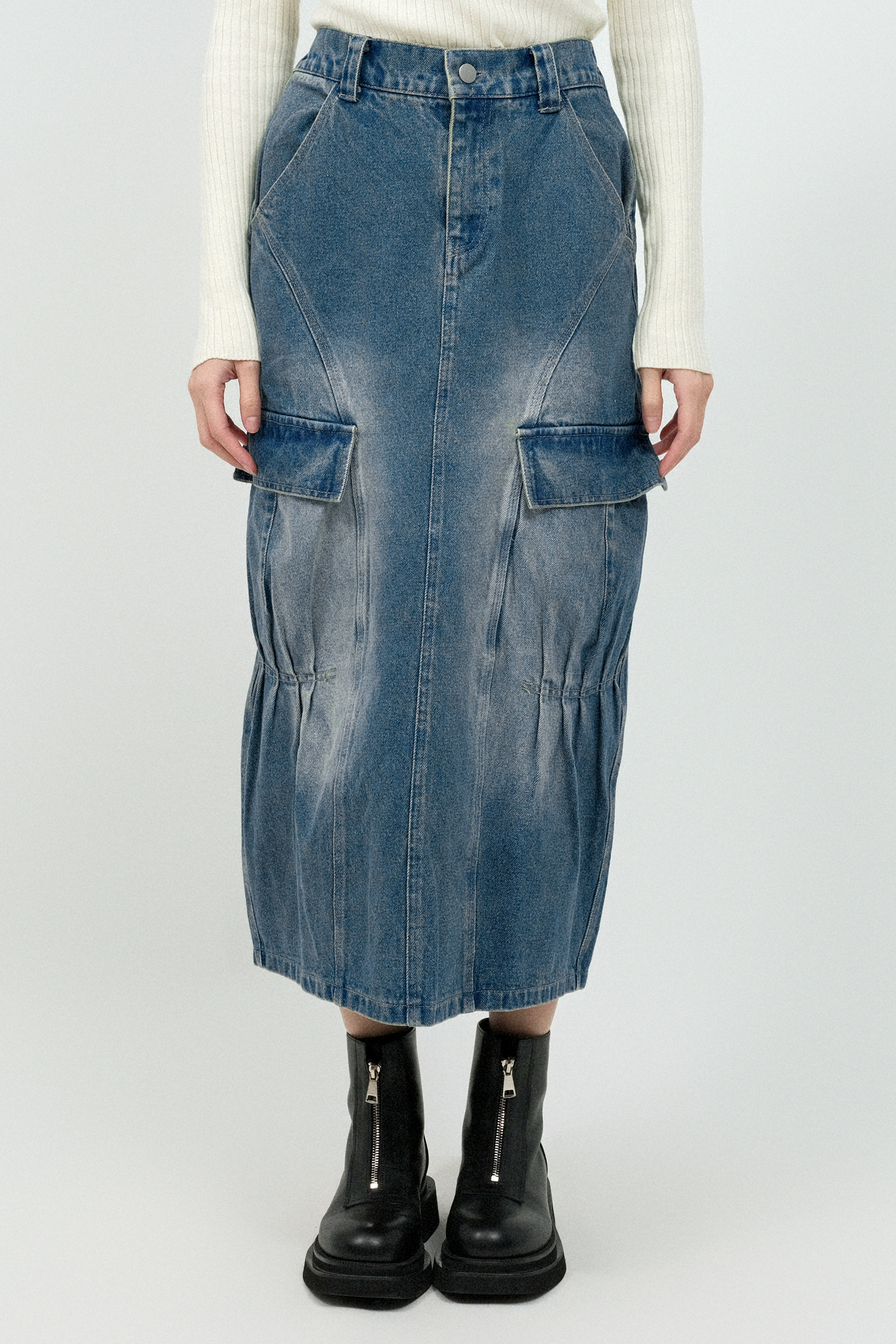 特式車褶軍袋牛仔裙 (預購產品）